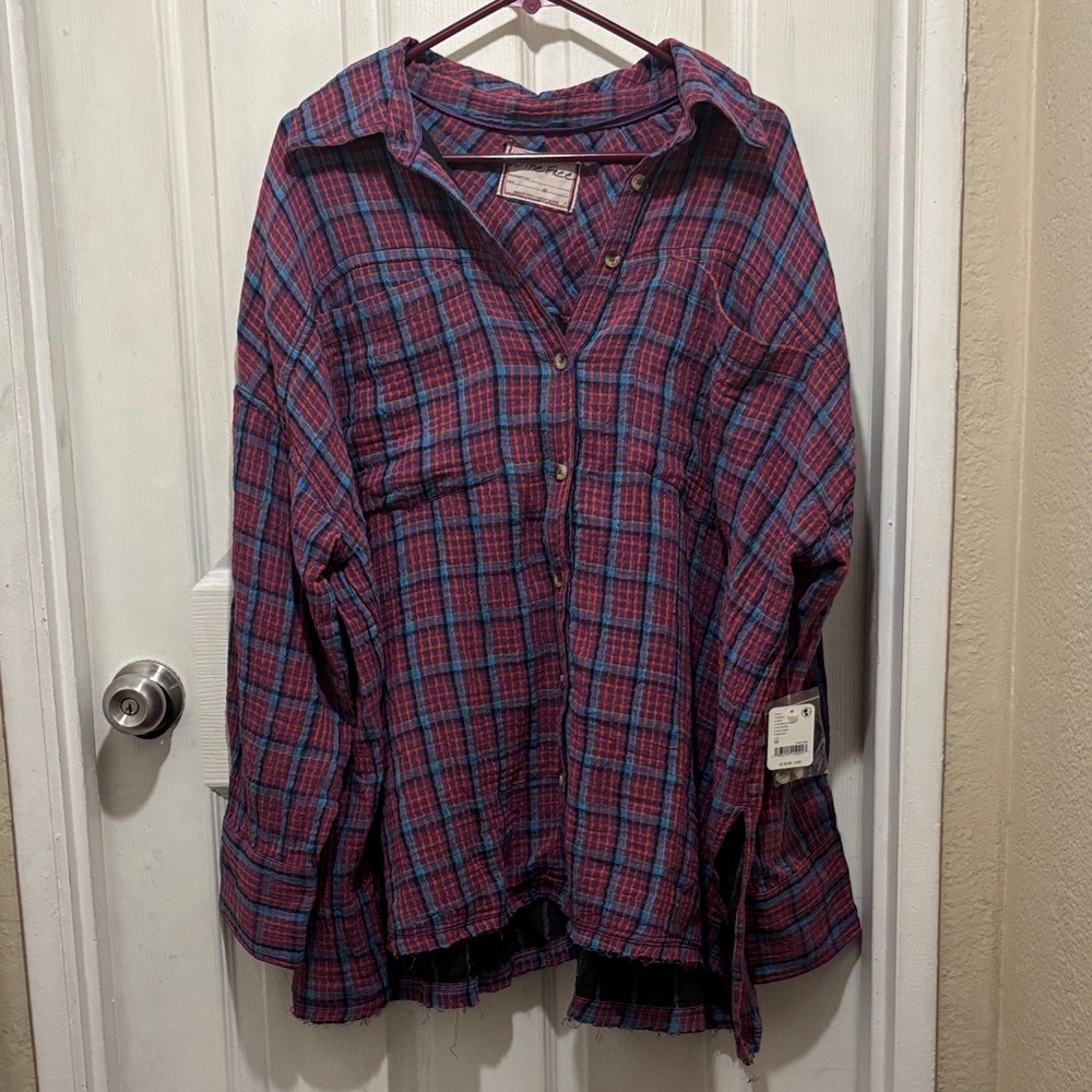 We The Free Blue and Red Button Down Shirt